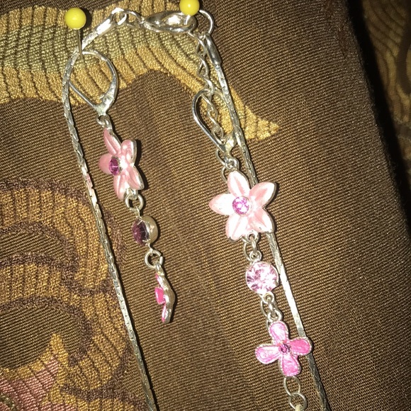 Pink Flowers Rhinestone Drop Layered Set NWOT - Picture 13 of 17